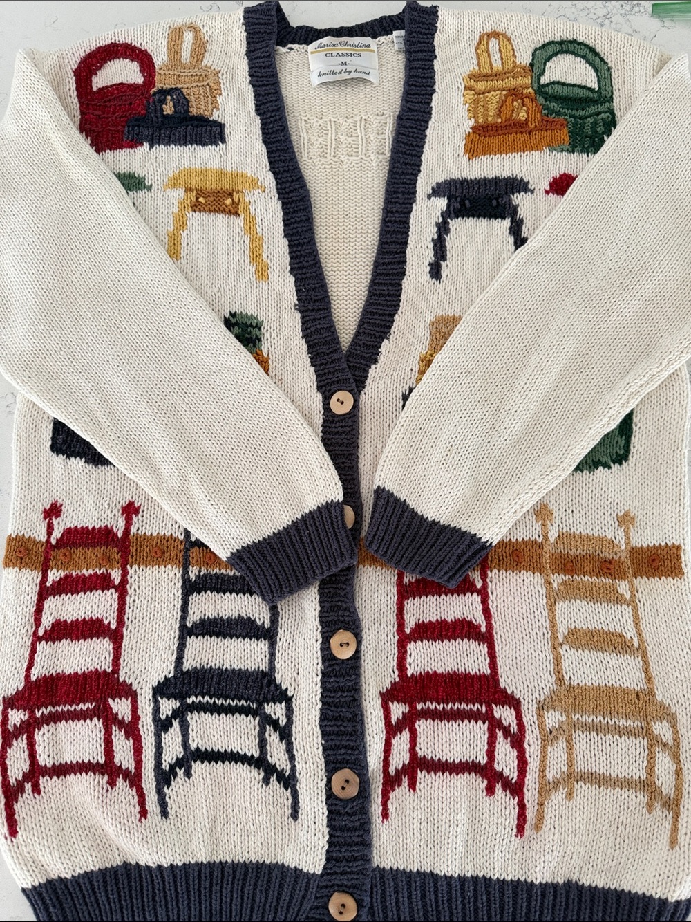 Marisa Christina Cream V-Neck Hand-Knitted Sweater - Medium